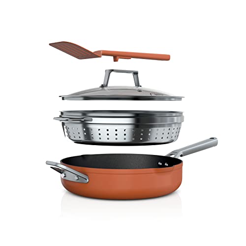 Ninja CW102CP Foodi NeverStick PossiblePan, Premium Set with 4-Quart Capacity Pan, Steamer/Strainer Basket, Glass Lid & Integrated Spatula, Nonstick, Durable & Oven Safe to 500F, Smoked Paprika