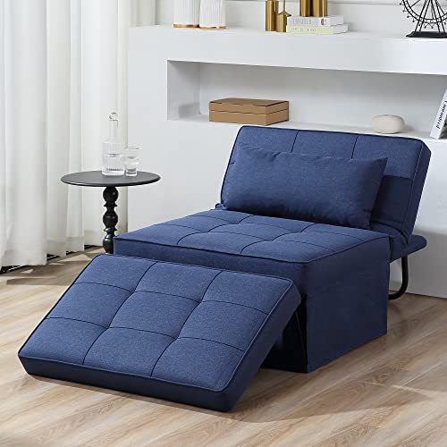 Sofa Bed, 4 in 1 Multi-Function Folding Ottoman Breathable Linen Couch Bed with Adjustable Backrest Modern Convertible Chair for Living Room Apartment Office,Blue