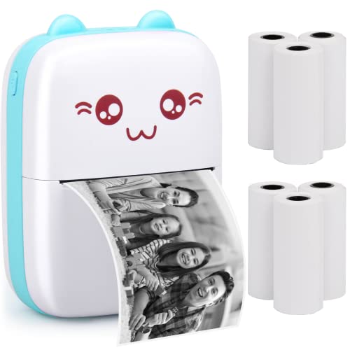 Portable Printer, Mini Pocket Wireless Bluetooth Thermal Printers with 6 Rolls Printing Paper for Android iOS Smartphone, BT Inkless Printing Gift for Label Receipt Photo Notes Study Home Office, Blue