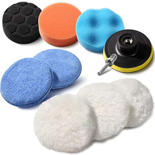 BOKA 3 Inch Wool Buffing Polishing Pad Kit, 10 Pcs Drill Buffer Attachment, Buffing Wheel for Drill with M14 Drill Adapter, 3  Wool Buffing pad 3", 1  Foam Polisher pad, 2  Wax applicator 5"