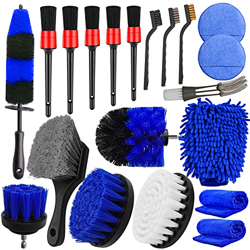 Jaronx 20Pcs Car Wheel Tire Cleaning Brush Set, Car Detailing Kit, Car Detailing Brush Set (Wheels Brush, Rim Brush, Detailing Brushes, Car Drill Detailing Brushes, Wash Mitt, Wax Pads, Wash Towels)