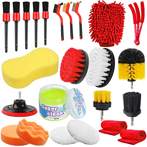 Jaronx 24PCS Car Detailing Drill Brush Kit, Car Detailing Kit, Car Detailing Brush Set (Car Drill Brushes, Car Drill Polishing Pads, Detailing Brushes, Wash Mitt/Sponge, Wire Brushes, Cleaning Gel)