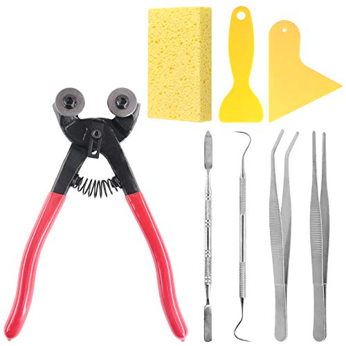 Rustark 8 Pieces Mosaic Tools Set Including 200mm Heavy Duty Glass Mosaic Cut Nippers, 2 Scrapers, 2 Tweezers, 1 Double-EndedHook, 1 Spatula, 1 Sponge