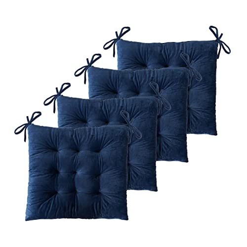 ELFJOY Set of 4 Square Chair Pads Indoor Seat Cushions Pillows with Ties Thick Soft Seat Cushion for Kitchen Dining Office Chair (18.8", Navy)