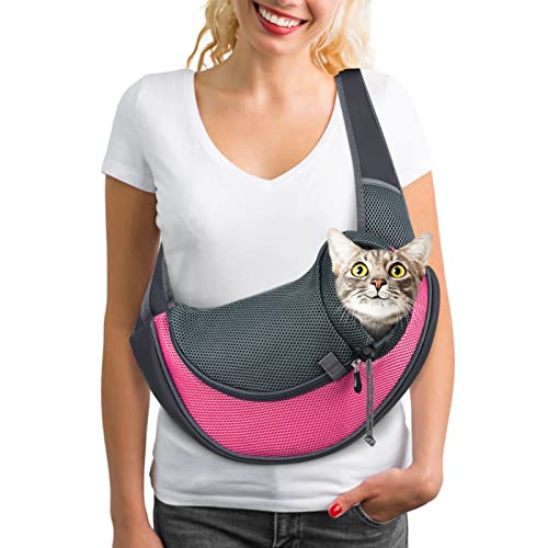 FunTags Dog and Cat Sling Carrier, Hands Free, Breathable Mesh, Adjustable, Travel Safe Sling Bag Carrier for Puppy Dogs Cats Rabbit, Pink, S for Pets 2-5lbs