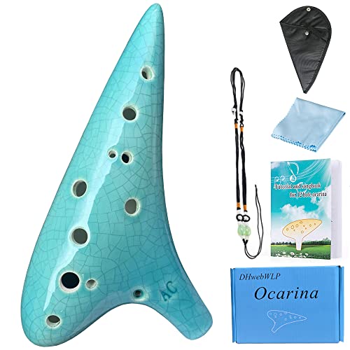 Ocarina,12 Hole Ocarina Instrument With Song Book for Beginner,Alto C Ceramic Ocarina(Cyan Ice-crack Crack)