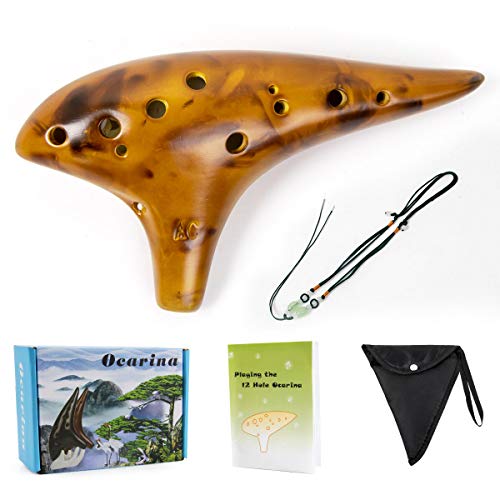 Ocarina,12 Tones Alto C Ceramic Ocarina Musical Instrument with Song Book Neck String Neck Cord Carry Bag Good Gift for Children Adults Beginners (Yellow)
