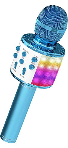 OVELLIC Karaoke Microphone for Kids, Wireless Bluetooth Karaoke Microphone with LED Lights, Portable Handheld Mic Speaker Machine, Great Gifts Toys for Girls Boys Adults All Age (Blue)