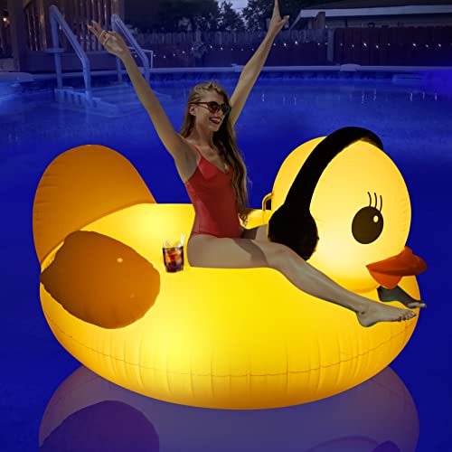 DeeprBetter Inflatable Duck Pool Float with Lights, Solar Powered Cute Duck Pool Floaties for Adults, Large Inflatable Ride-On with Cup Holder, Fun Beach Floaties,Lake Pool Raft Lounge for Adults/Kids