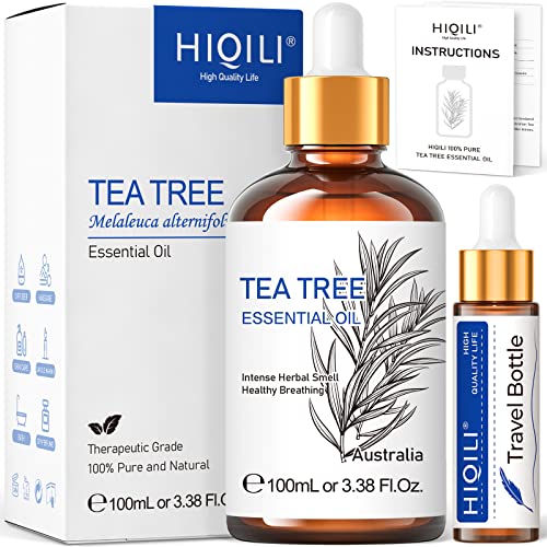 HIQILI Tea Tree Essential Oil (100 ML),100% Pure for Toenail Fungus,Hair Damage,Skin Problems,Add to Shampoo,Body Wash,Conditioner - 3.38 Fl. Oz