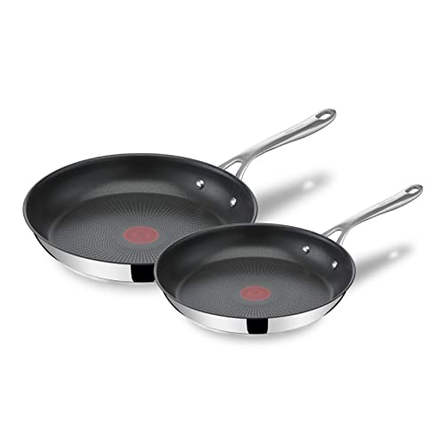 Tefal Jamie Oliver Cook's Direct Stainless Steel, 2 Piece Frying Pan Set, 24 & 28cm, Non-Stick Coating, Heat Indicator, Riveted Safe-Grip Handle, Induction Hob Compatible, E304S244