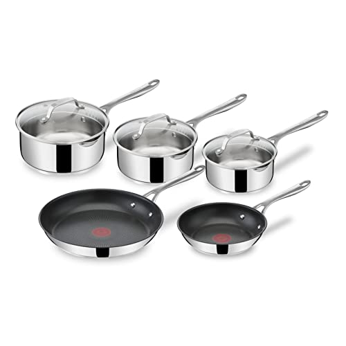 Tefal Jamie Oliver Cook's Direct Stainless Steel Frying Pan, 5 Piece Cookware Set, Non-Stick Coating, Heat Indicator, Riveted Safe-Grip Handle, Induction Hob Compatible, E304S544