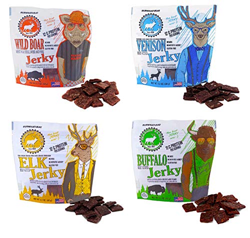 Pearson Ranch Grass Fed Wild Game Jerky Variety Pack of 4 - 2.1oz Bags - Venison Jerky, Elk Jerky, Buffalo Jerky, & Wild Boar Jerky, Sugar-Free Jerky - Low-Carb, Gluten-Free, MSG-Free, Paleo and Keto Friendly, Exotic Jerky