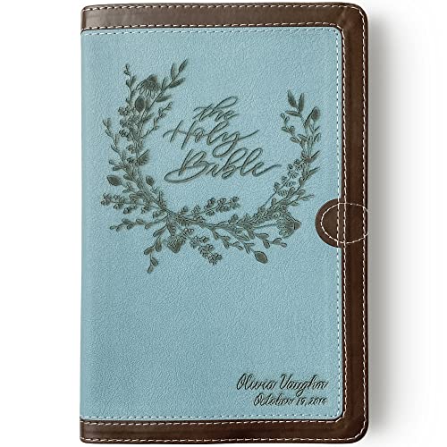 Hand Lettered and Laser Engraved Two-Tone Blue with Brown Trim NIV Bible, Personalized Gift, Custom Name Engraving Available