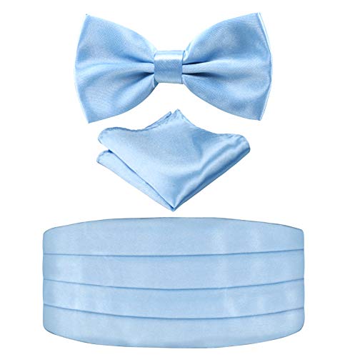 Multicolored Silk Solid Cummerbund for Mens Gift Bow Tie Set, Light Blue