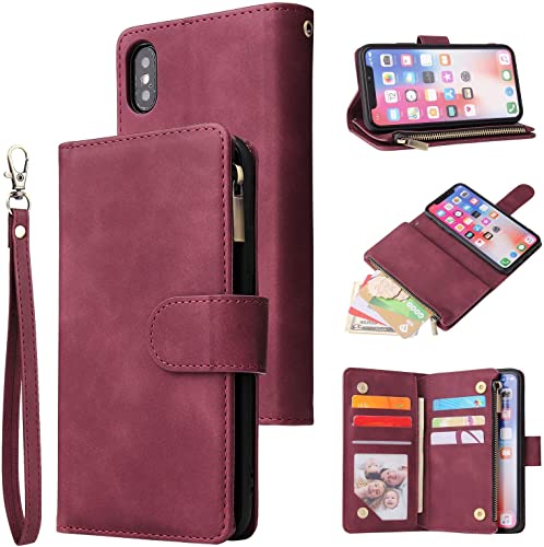 LBYZCASE Phone Case for iPhone Xs Max,Luxury Folio Flip Wallet Leather Cover[Zipper Pocket][Magnetic Closure][Wrist Strap][Kickstand ] for Apple iPhone Xs Max 6.5 inch-Wine Red