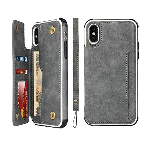 iCoverCase iPhone Xs Max Wallet Case, iPhone Xs Max Case with Card Slots Holder and Wrist Strap PU Leather Kickstand Double Magnetic Clasp Shockproof Cover Case 6.5 Inch (Gray)