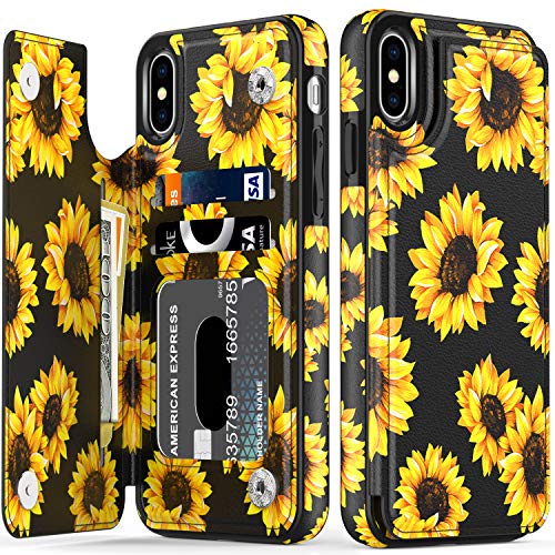 LETO iPhone Xs Max Case,Leather Wallet Case with Fashionable Flower Designs for Girls Women,Flip Folio Cover with Card Slots Kickstand,Protective Phone Case for iPhone Xs Max Blooming Sunflowers