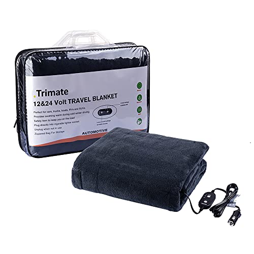 trimate Electric Car Heating Blanket Plush 3 Heat Settings, Auto Shutoff, Washable, 55 X 40, Plugs into Cars 12v and Trucs 24v Outlet, Great for Cold Weather, Tailgating, Emergency Kits, Charcoal
