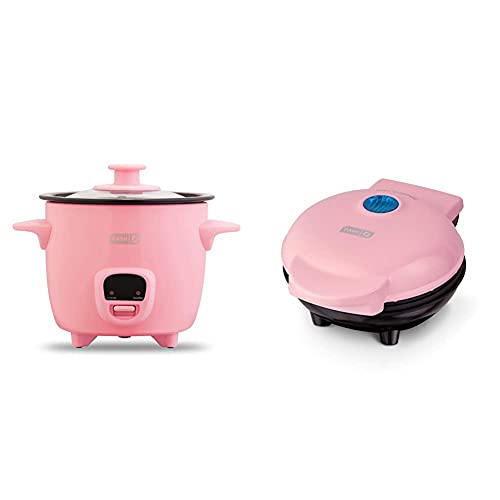 Dash DRCM200GBPK04 Mini Rice Cooker Steamer, Pink & Mini Maker Portable Grill Machine + Panini Press for Gourmet Burgers, Sandwiches - Pink