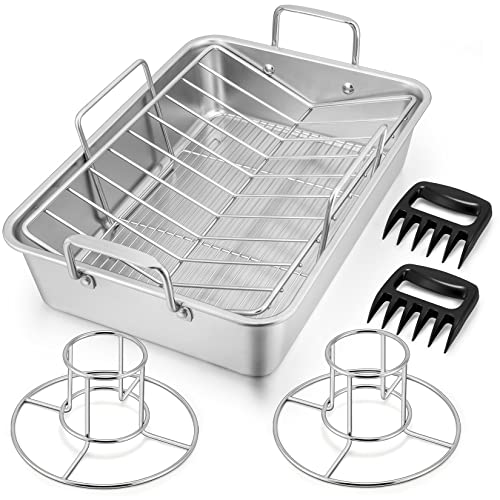 15" Roasting Pan with Rack, 7 PCS P&P CHEF Stainless Steel Roaster Lasagna Pan with Cooling Flat & V-shaped Baking Rack, Grilling Chicken Holder, Meat Shredding Claws, Dishwasher & Oven Safe