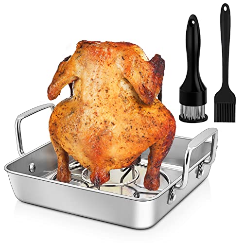 Roasting Pan with Beer Can Chicken Holder, Joyfair 9-inch Stainless Steel Square Baking Pans & Roaster Grill Racks, Great for Baking Oven BBQ Grilling Smoker, Riveted Handle & Firmly Welding