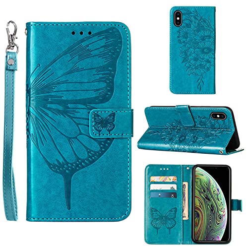 Compatible for iPhone X Case Wallet/iPhone Xs Wallet Case,for iPhone 10 Case Wallet [Kickstand][Wrist Strap][Card Holder Slots] Butterfly Floral Embossed Leather Flip Cover for iPhone X/XS/10 (Blue)