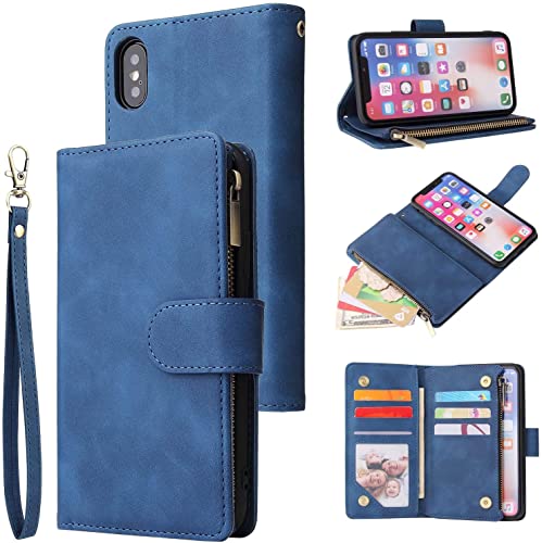 LBYZCASE Phone Case for iPhone X,iPhone Xs Wallet Case,Luxury Folio Flip Leather Cover[Zipper Pocket][Magnetic Closure][Wrist Strap][Kickstand ] for Apple iPhone X/Xs 5.8 inch-Blue