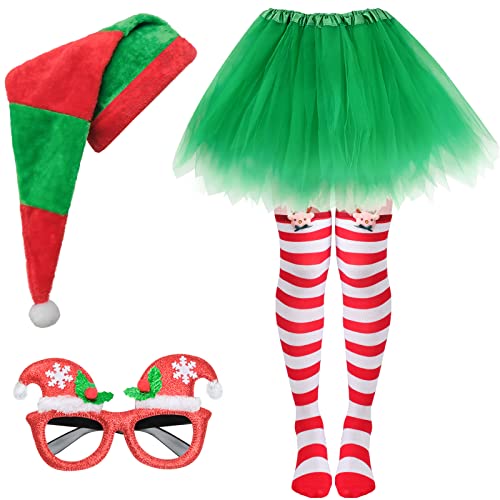 Christmas Costume Set Green Red Striped Christmas Elf Hat and Tutu Skirt Red Green Striped Tights Glitter Frame Christmas Glasses for Women XmasDress Party Cosplay