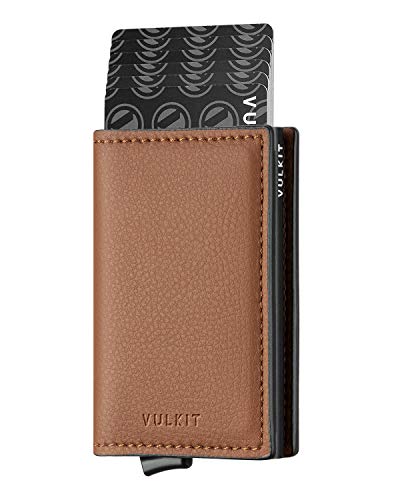 VULKIT Credit Card Holder RFID Blocking Leather Automatic Pop Up Wallet Aluminum Slim Pocket Bifold Business Card Case Brown