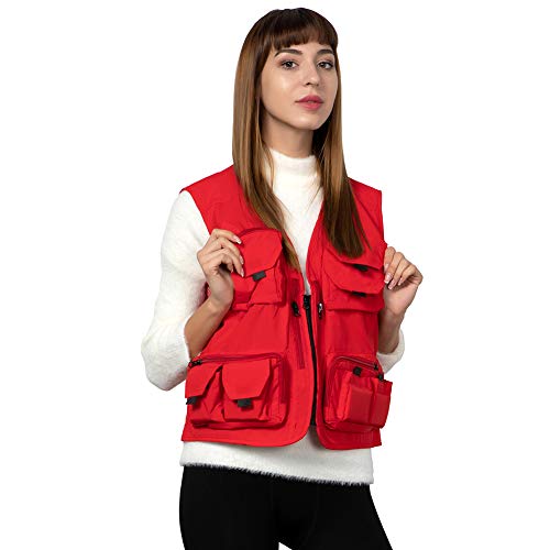 Ziker Women's Mesh Breathable Openwork Jouralist Photographer Fishing Vest Waistcoat Travel Jacket Coat With Pockets (Red, X-Large)