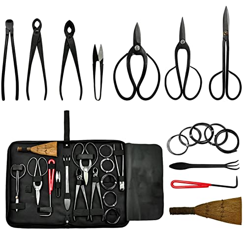 Kornculor Bonsai Tool Sets 12 Pcs High Carbon Steel Succulent Gardening Trimming Tools Set with Pruning Shears, Bonsai Scissors, Bonsai Wires, Leather Bag for Garden Plant