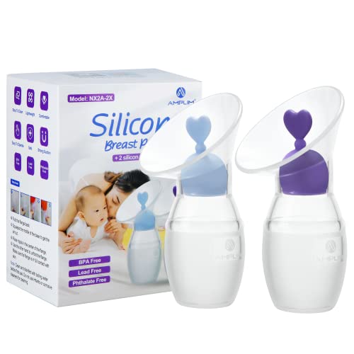 Amplim 2-Pack Food Grade Silicone Breast Milk Collector 4oz/100ml | Manual Breast Pump with Breastfeeding Milk Saver Stopper | FSA HSA | BPA PVC Lead and Phthalate Free | Blue