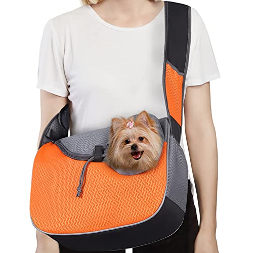 YUDODO Pet Dog Sling Carrier Travel Hands-Free Puppy Pouch Carriers with Bottom Breathable Doggie Carrying Bag Reflective Safe Cat Crossbody Carrier for Medium Small Dogs Cats(6-12lbs, Orange)