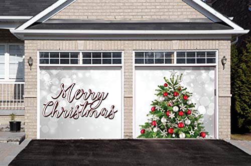 Victory Corps Merry Christmas Tree - Christmas Garage Door Banner Mural Sign Dcor 7'x 8' Split Car Garage - The Original Holiday Garage Door Banner Decor