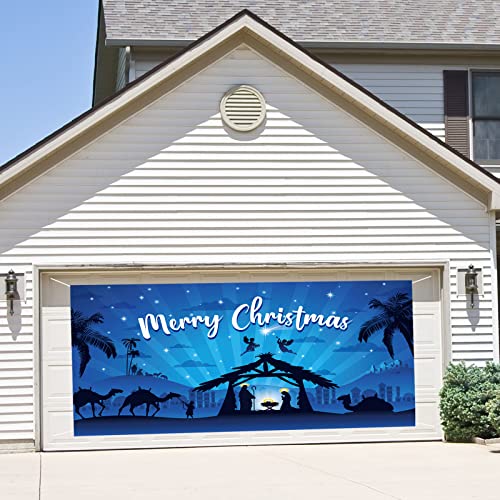 gisgfim Outdoor Holy Nativity Christmas Holiday Garage Door Banner Cover Large Manger Scene Religious Blue 2022 Christmas Backdrop Decoration - Big Size 6x13ft