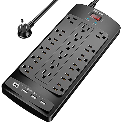 18 Outlets Surge Protector Power Strip - 8 Feet Flat Plug Heavy Duty Extension Cord with 18 Widely Outlets and 4 USB Ports, 2100 Joules, Black, ETL Listed