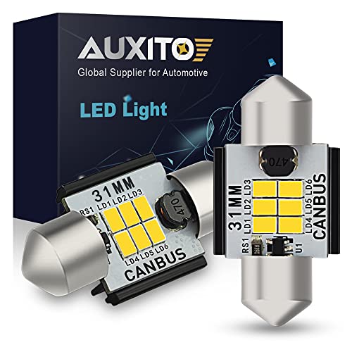 AUXITO Upgraded 400 Lumens 1.25 inch 31MM DE3175 DE3021 Canbus Error Free Festoon LED Bulbs 3020 Chipsets for Interior Car License Plate Dome Map Door Courtesy Lights Xenon White, Pack of 2