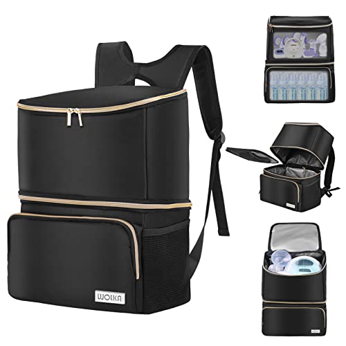 Wolka Breast Pump Bag with Dual Insulated Compartments & Removable Divider,Breast Milk Cooler Travel Bacpak with 50 cans Capacity,Fit Most Breast Pumps Like Medela, Spectra S1,S2, Evenflo(Black)
