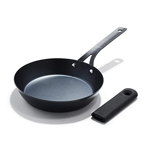 OXO Obsidian Pre-Seasoned Carbon Steel, 8" Frying Pan Skillet with Removable Silicone Handle Holder, Induction, Oven Safe, Black