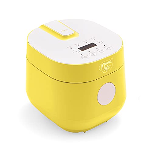 GreenLife Healthy Ceramic Nonstick 4-Cup Rice Oats and Grains Cooker, PFAS-Free, Dishwasher Safe Parts, Yellow