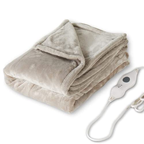 Tefici Electric Heated Blanket Throw, Super Cozy Soft Flannel 50" x 60" Heated Throw with 3 Fast Heating Levels & 4 Hours Auto Off, Machine Washable, ETL&FCC Certification, Home Office Use, Camel