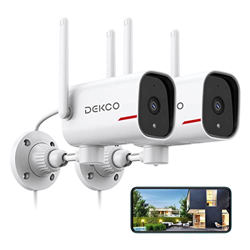 Outdoor Security Camera - DEKCO 2K Pan Rotating 180 Wired WiFi Cameras for Home Security with Two-Way Audio, Night Vision, 2.4G Wifi, IP65, Motion Detection Alarm (2 Pack)