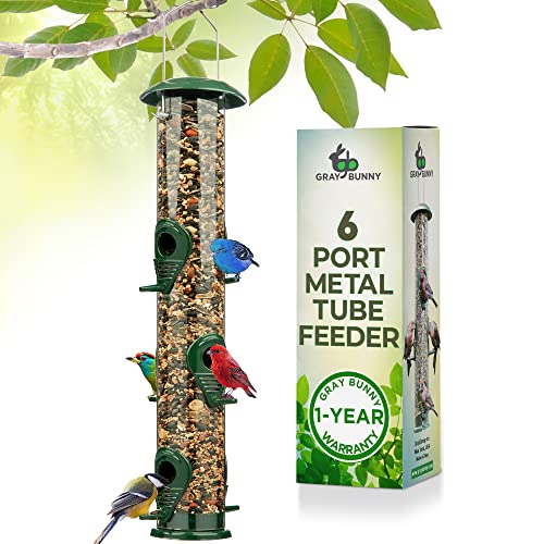 Gray Bunny Metal Bird Feeders for Outdoors Hanging, 6-Port Metal Bird Feeder Tube, Durable, Chew-Proof and Rust-Proof, 16 Inches - Great Mother's Day Gifts for Mom!