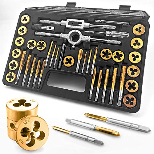 Azuno 40PCS Metric Tap and Die Set, Titanium Coated GCr15 Bearing Steel with T-Handle/Wrench/Gauge/Screwdriver in Storage Case, Essential Threading