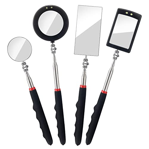 KABUDA 4PCS Telescoping Inspection Mirror LED Lighted Inspection Mirror for Mechanic Checking Vehicle, Car, Eyelashes, Mouth, Small Parts Observation (Extendable, Rectangle & Round)