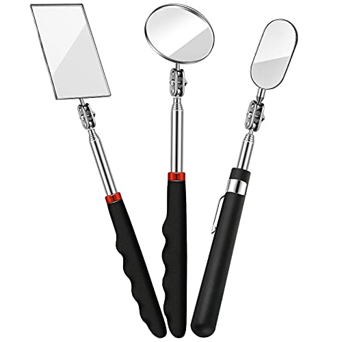 3 Pieces Telescoping Inspection Mirror Round Mirror Square Mirror Inspection Tool for Checking Vehicle, Observing Eyelashes Mouth and Other Small Parts (Oval, Square, Round Style)