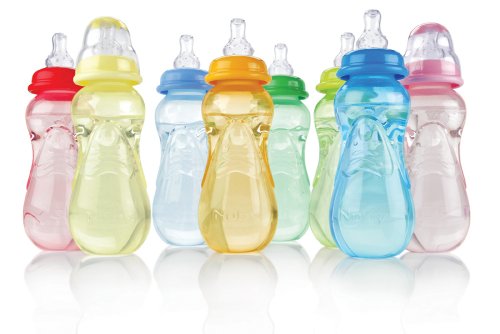 Nuby Non-Drip Standard Neck Bottles, 10 Ounce, Colors May Vary, 3 Count (Pack of 1)