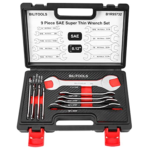 BILITOOLS Super Thin Open End Wrench Set, 9 Piece SAE 1/4 to 1-1/16 inch, CR-V Steel, HRC 40-45