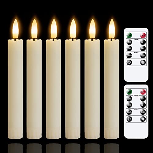 Panchydor Battery Operated Flameless Taper Candles with Two Remote Timer,6.4 LED 3D-Wick Window Candles,Flickering Long-Lasting Warm Light Electric Pack of 6 Flameless Candlesticks(0.78 Dia,Ivory)